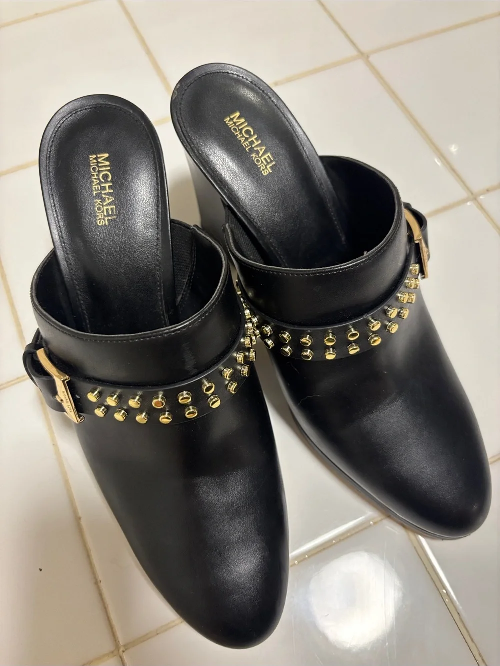 Michael Kors Black Leather Studded Buckle Mule Heels